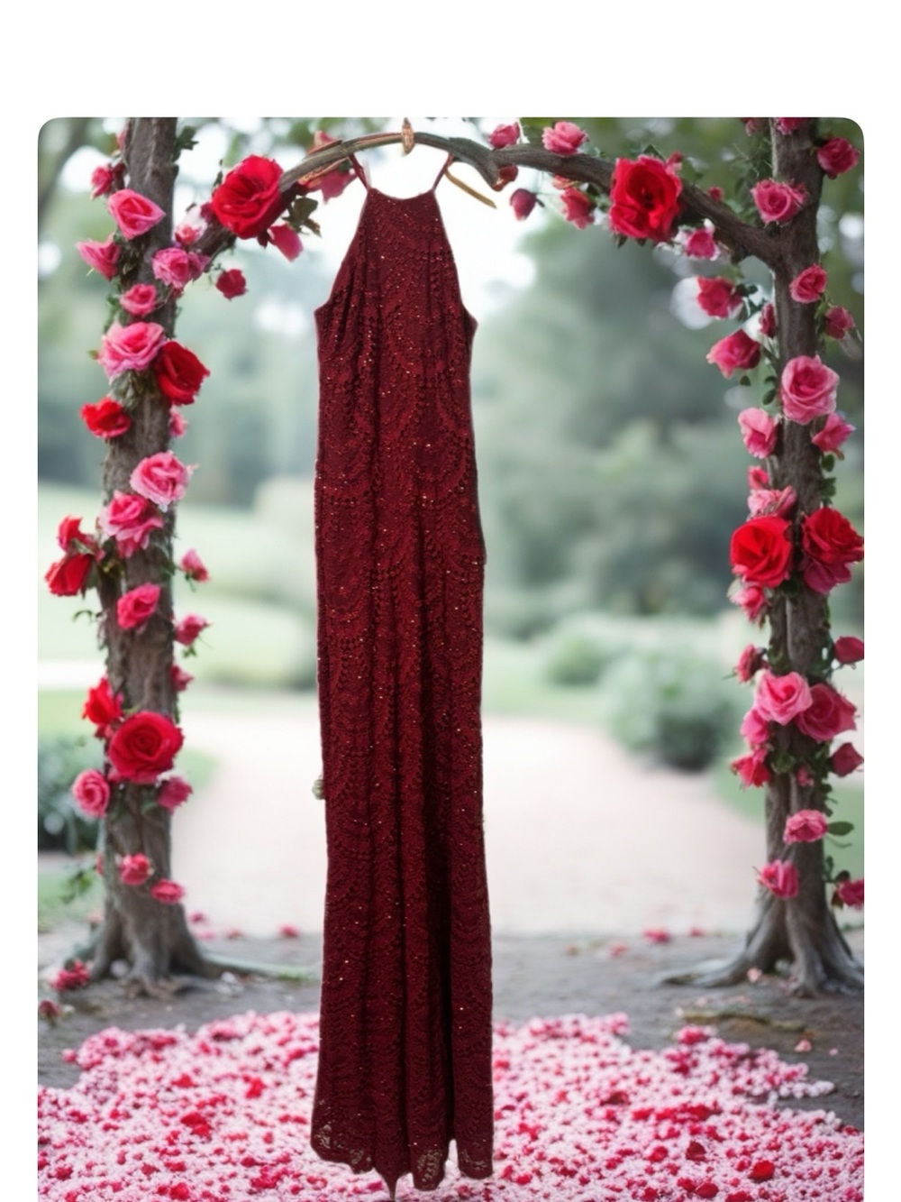 Michele Burgundy Sequin Halter Maxi Dress for prom - Picture 2 of 8
